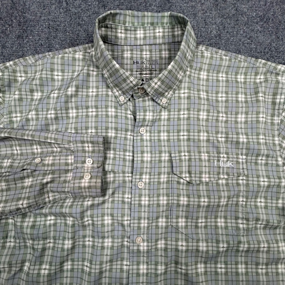 Huk Button Down Shirt Mens Large Green Plaid Fishing Performance Long Sleeve